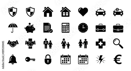 Collection of black silhouette icons representing security home and business concepts
