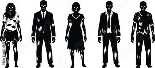Zombie silhouettes collection featuring undead men and women in torn clothing, horror apocalypse characters isolated on white background for Halloween designs, games, posters, and spooky concepts