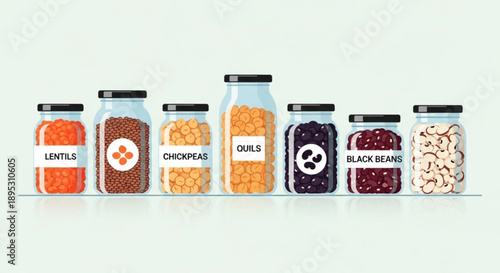 Variety of legumes and beans in glass jars on white background for healthy eating and nutrition