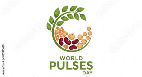 World pulses day logo with green leaves and colorful beans