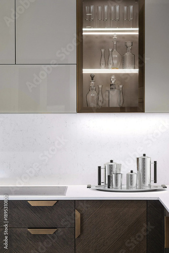 Modern luxury kitchen interior in minimal scandinavian style, 3d render