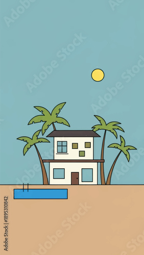 Sunny beachside house with palm trees on a tranquil coastal scene.