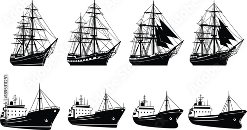Black and white ship silhouettes collection featuring historic sailing vessels and modern cargo ships for maritime transportation design