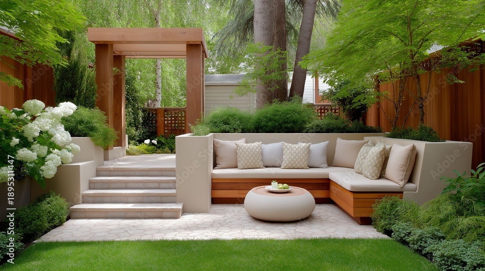 Fototapeta premium A tranquil garden showcases modern seating surrounded by vibrant plants and trees. Sunlight filters through leaves, creating a peaceful atmosphere inviting relaxation and enjoyment