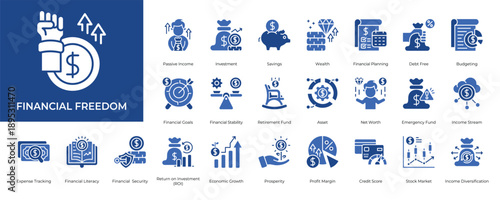 Financial Freedom Icon set Collection in Glyph Two Color Style. Financial, freedom, wealth, income, passive