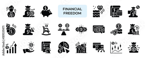 Financial Freedom Icon set Collection in Solid Glyph Style. Financial, freedom, wealth, income, passive