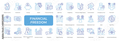 Financial Freedom Icon set Collection in Line Two Color Style. Financial, freedom, wealth, income, passive