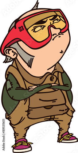 ANIMATED CHARACTER WITH GLASSES, SUSPENDERS, AND A BALD HEAD