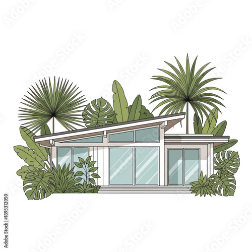 Modern glass house surrounded by tropical plants and lush greenery with contemporary architecture and expansive windows.