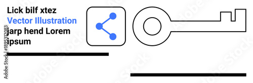 Digital security, online sharing, data access, tech design, information flow, connectivity. Key and share icon over text. Digital security and online sharing highlighted