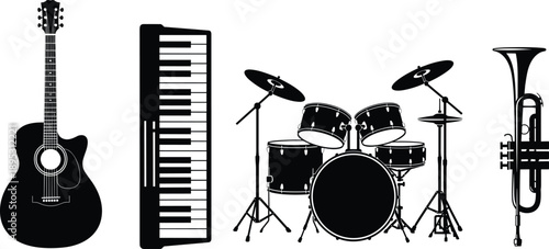 music instruments silhouette guitar piano keyboard drum trumpet orchestra band illustration vector isolated black