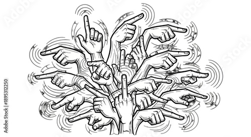 Multiple hands pointing fingers in various directions illustration.
