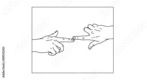 Simple line drawing of two hands exchanging a small object.