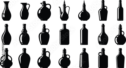 Black and white vintage bottle and jug silhouettes collection featuring glass containers carafes flasks and oil bottles isolated on white