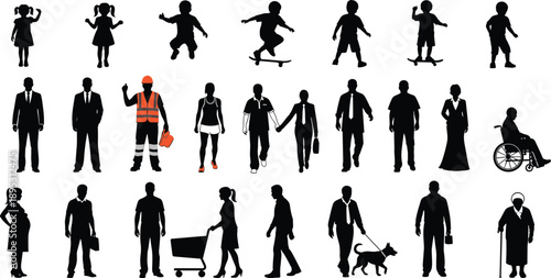 people silhouettes set men women children walking working lifestyle activities vector illustration black isolated design