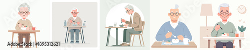 Grandma is eating in simple and minimalist flat design vector style