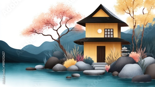 A serene illustration of a yellow house beside calm water, surrounded by colorful trees and rocks, set against a backdrop of mountains.
