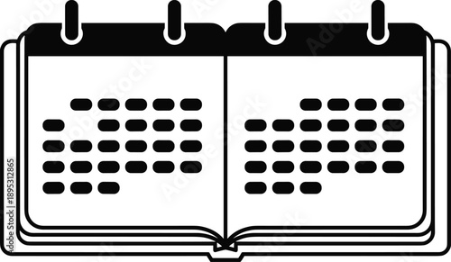 Open calendar book flat vector illustration, monthly planner schedule organizer, appointment diary agenda, time management page layout, date tracking, deadline.