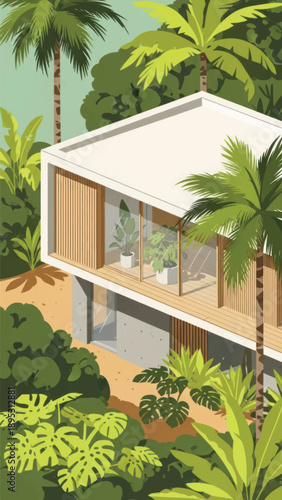 Modern glass house nestled among tropical palms and lush garden surroundings.