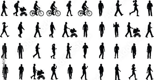 people walking cycling running silhouettes lifestyle activities urban crowd vector illustration black isolated design