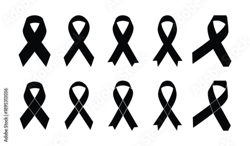 Breast Cancer Awareness Ribbon Icon Set – Pink Ribbon Symbols, Medical and Charity Vector Illustrations in Flat and Outline Style