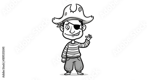 Cheerful pirate cartoon character waving with pirate hat and eyepatch standing alone on a white background illustration