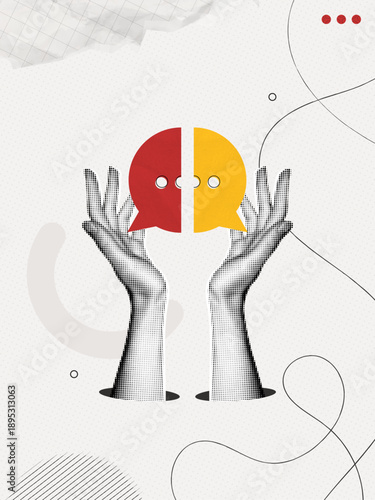 Trendy Halftone Collage Hands holding speech bubble messages. Social media communication and discussion. Talking in online chat. Contemporary vector illustration art