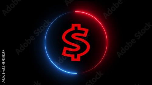 Neon Glowing Dollar Sign with Rotating Blue and Red Light Rings