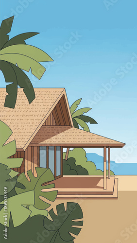 Seaside tropical hut amid lush palm trees under a clear blue sky.