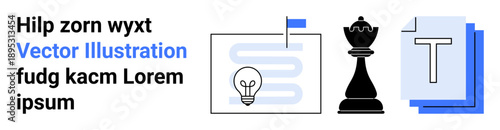 Business planning, creative thinking, problem solving, innovation, leadership, content creation. Chess piece, light bulb flag document stack on white background. Business planning and creative
