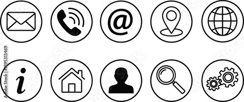 Contact us business icon set vector illustration, communication symbols for web design, support service elements, digital contact icons collection, flat.