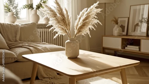 A serene living room featuring a soft beige couch, a wooden coffee table adorned with a vase of pampas grass, and natural light streaming through large windows, creating a cozy atmosphere