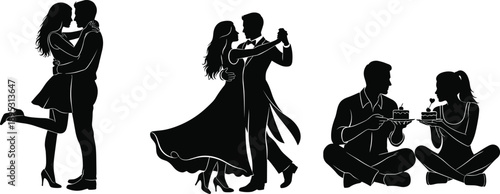 romantic couples silhouettes dancing dating dinner love relationship vector illustration black isolated valentines design