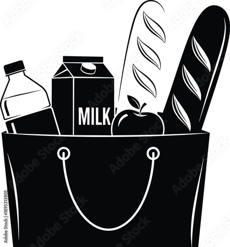 Grocery shopping bag flat vector illustration, paper bag with milk bread apple and water, healthy food products, retail supermarket.