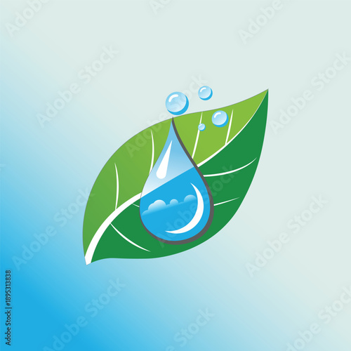 Clean Water Drop on Green Leaf Logo Vector Illustration 