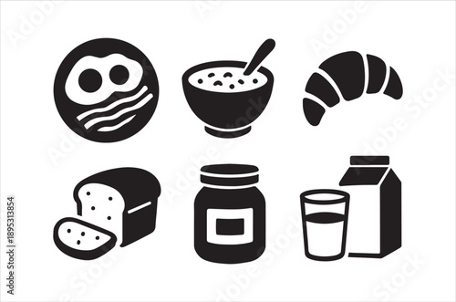 Black and white icons depicting a variety of breakfast foods and beverage items