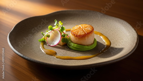 Gourmet scallop dish with microgreens and sauce on ceramic plate