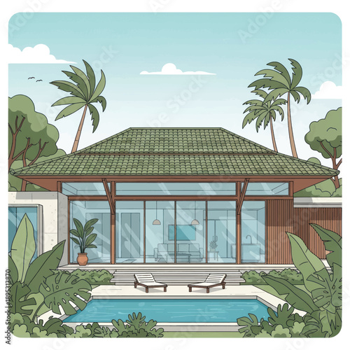 Tropical modern villa featuring glass walls, pool, and lush landscaping with relaxing poolside lounge.