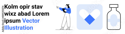 Healthcare worker gesturing towards heart icon and medicine bottle emphasizing health and care. Ideal for wellness, healthcare, medical, pharmacy, consultation, awareness, simple landing page