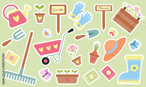 Collection with gardening stickers isolated on light green background. Spring set with gardening tools. Rake, shovel, watering can, flowers, seedlings, flowerpots, gloves, hat, rubber boots.Vector