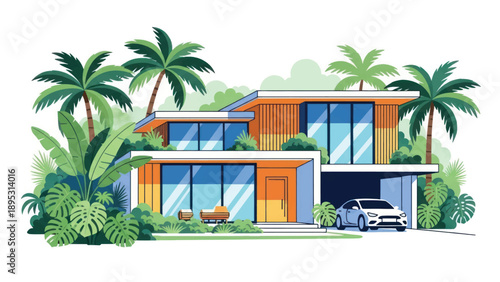 Contemporary tropical villa with glass panels and lush greenery beside a sunny driveway and modern front facade.
