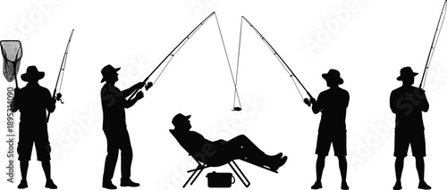 Fishing silhouettes showing anglers casting rods with reclining fisherman chair, outdoor leisure sport activity concept isolated on white background