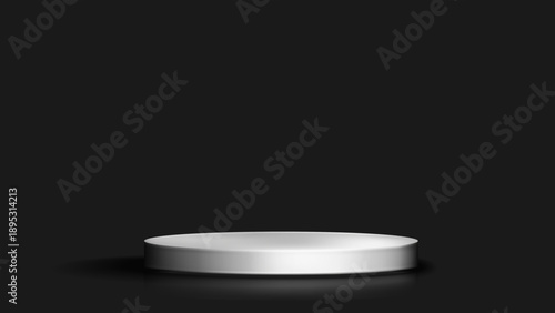 Minimalist presentation stage with a small blue object dropping onto a white circular podium against a dark gray background, 3d rendering