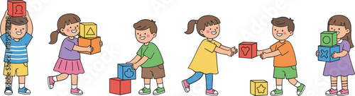 Cute children playing with toy blocks vector illustration set for kindergarten education, teamwork, learning and childhood activity design