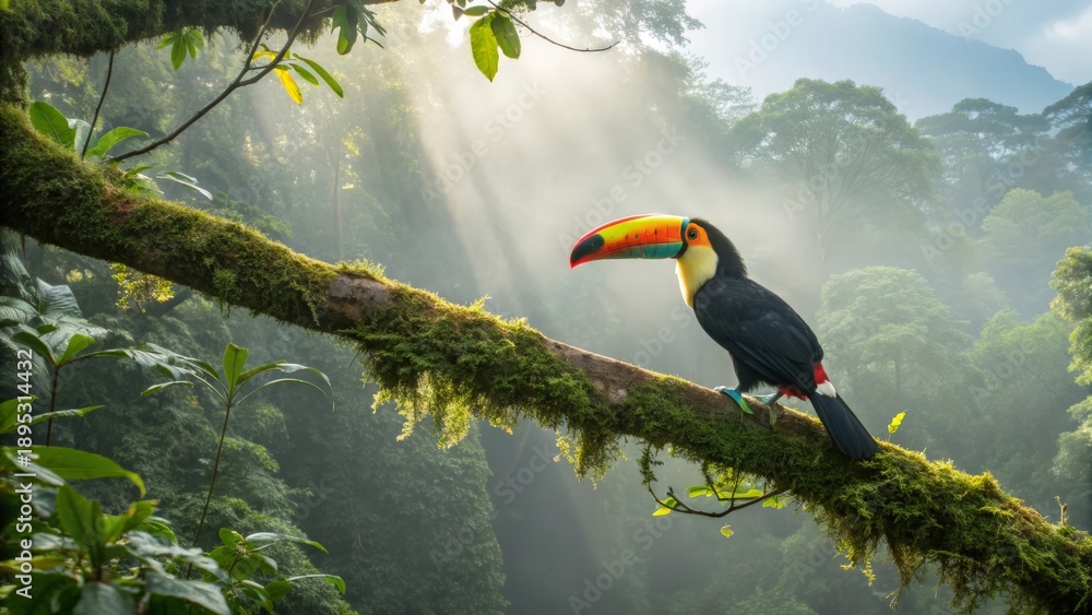Fototapeta premium A Vibrant Toucan Perched on a Moss Covered Branch in a Sunlit Forest