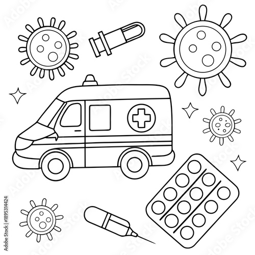 Vector illustration of a medical coloring book for adults and children. Ambulance, medicines, viruses. Vector illustration