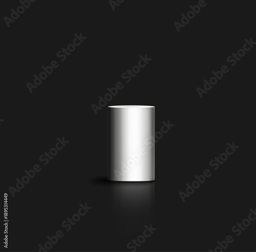 Realistic 3d rendering of a silver or white metallic cylinder pedestal or podium against a dark black background with subtle reflection