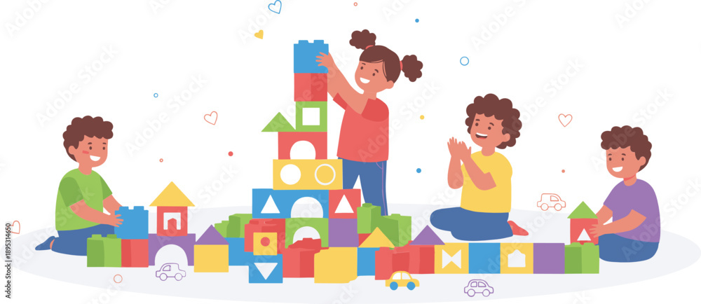 Obraz Kids playing with colorful building blocks vector illustration for preschool learning, creativity, teamwork and kindergarten childhood activity design
