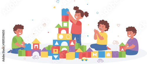Kids playing with colorful building blocks vector illustration for preschool learning, creativity, teamwork and kindergarten childhood activity design