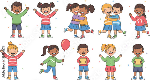 Happy diverse kids character vector set with children playing, hugging and waving for friendship and kindergarten design